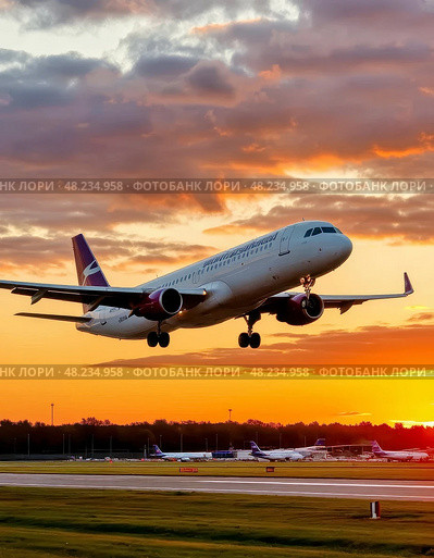 Airplane against the backdrop of the setting sun. Night flight. Стоковое AI-изображение, AI-художник Сергей Елизарьев / Фотобанк Лори