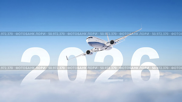 Airplane flying through 2026 numbers above clouds under clear blue sky concept. Стоковое AI-изображение, AI-художник lyudmila Soloveva / Фотобанк Лори
