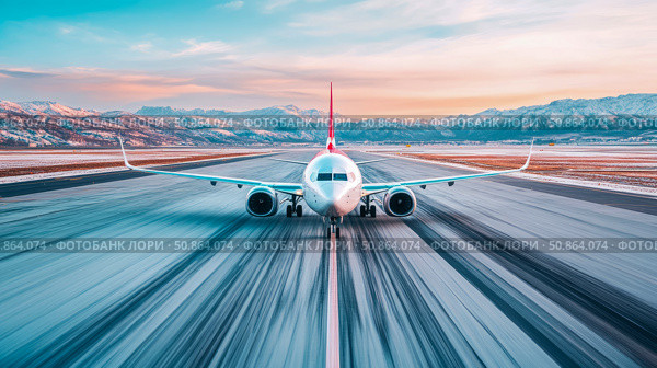 Airplane on Runway ready for takeoff at Sunset, snowy mountains in background. Стоковое AI-изображение, AI-художник Данила Большаков / Фотобанк Лори