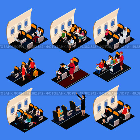 Airplane passengers and crew isometric composition set isolated vector illustration. Airplane Passengers Composition Set. Стоковая иллюстрация, агентство Ingram Publishing / Фотобанк Лори