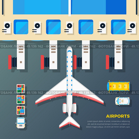 Airport Apron Plane At Jet Bridge . Airport apron planes airfield area with aircraft at jet bridge and ground srvice top view abstract vector illustration. Стоковая иллюстрация, агентство Ingram Publishing / Фотобанк Лори