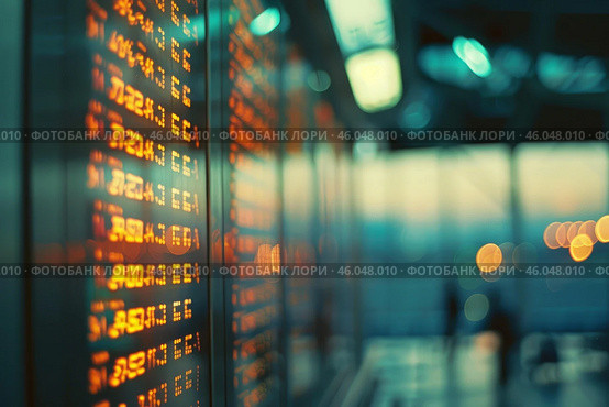 Airport arrival departure board showing scheduled plane flights. Стоковое AI-изображение, AI-художник Иван Рябоконь / Фотобанк Лори