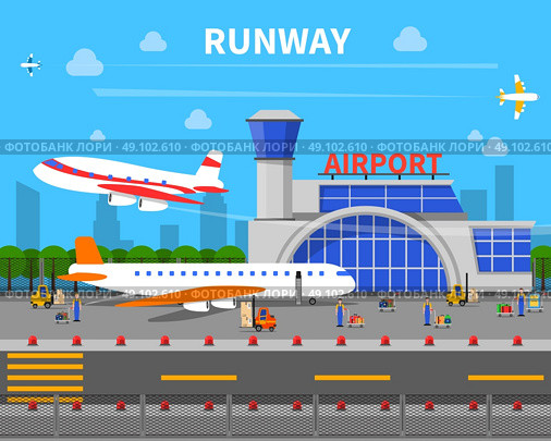 Airport Runway Illustration. Airport runway concept with planes and airport building flat vector illustration. Стоковая иллюстрация, агентство Ingram Publishing / Фотобанк Лори