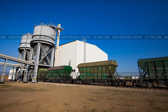 Aktobe region/Kazakhstan - May 04 2019: Phosphate fertilizers plant loading station. Loading hopper. Hopper car train terminal. Green railway carriages. Стоковое фото, фотограф Alexey Rezvykh / Фотобанк Лори