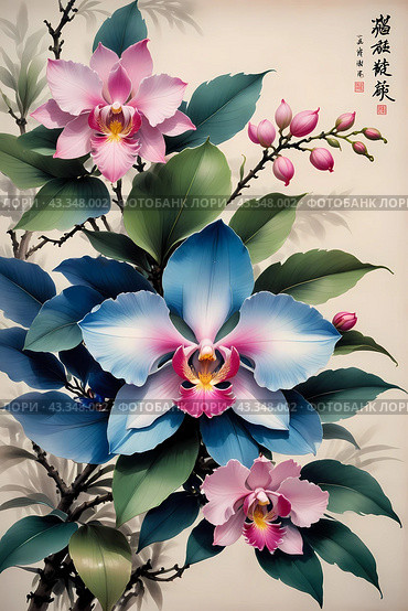 Акварель. Китайский, японский стиль рисования тушью. Цветы. Watercolour. Chinese, Japanese ink painting style. Flowers. Стоковое AI-изображение, AI-художник Гер Олег / Фотобанк Лори