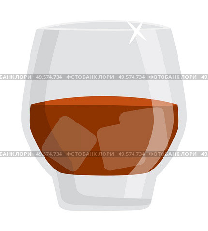 Alcoholic drink vector, isolated glass of fine alcohol flat style. Whiskey or rum drinking of cold beverage with ice cubes, cold liquid in container booze. Glass of Rum, Brandy or Dark Whiskey Alcohol Drink. Стоковая иллюстрация, агентство Ingram Publishing / Фотобанк Лори