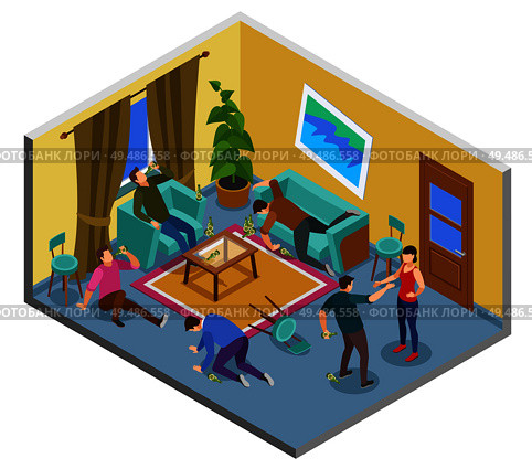 Alcoholism addiction isometric composition with problem uncontrollable drinking home people fighting abusing spouse falling unwell vector illustration. Стоковая иллюстрация, агентство Ingram Publishing / Фотобанк Лори