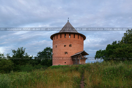 Alekseevskaya (White) Tower on a summer morning, Veliky Novgorod, Russia. Стоковое фото, фотограф Ula Ulachka / Фотобанк Лори