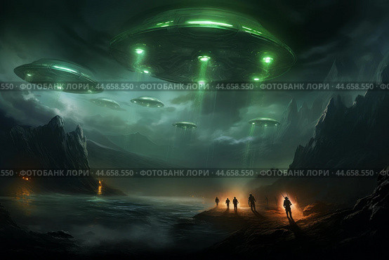 Alien invasion: ufos descending on misty terrain. Стоковое AI-изображение, AI-художник Иван Рябоконь / Фотобанк Лори