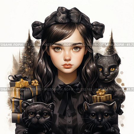 All dark black Wednesday Addams 2022 clipart , black watercolor painting, black color, christmas tree and presents  Generative AI. Стоковое AI-изображение, AI-художник Анна Кривицкая / Фотобанк Лори