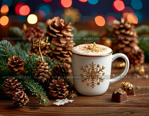 All over the world, December 13 is celebrated as World Hot Cocoa Day. This delicious drink is loved for its thick, rich taste and is valued for its wealth of useful microelements. Стоковое AI-изображение, AI-художник Сергей Елизарьев / Фотобанк Лори
