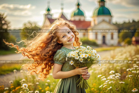 All-Russian day of family, love, fidelity. A beautiful little curly-haired girl with a bouquet of daisies on the background of an Orthodox church. Valentine's Day of Peter and Fevronia. Стоковое AI-изображение, AI-художник Photojuli / Фотобанк Лори