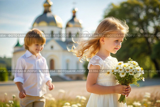 All-Russian day of family, love, fidelity. Cute little boy and girl with a bouquet of daisies on the background of an Orthodox church. Valentine's Day of Peter and Fevronia. Religion, Christianity. Стоковое AI-изображение, AI-художник Photojuli / Фотобанк Лори