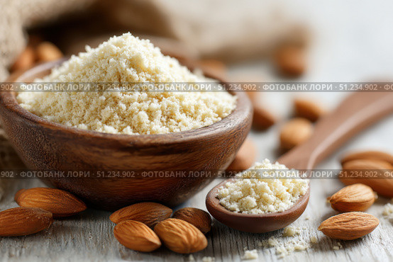 Almond flour. Almond nuts and almond flour in a wooden bowl and spoon. White table background. Grated almonds pile. Gluten-free produce for health. Low Carb Keto, celiac, paleo, and wheat-free diets. Стоковое AI-изображение, AI-художник Марина Демидюк / Фотобанк Лори