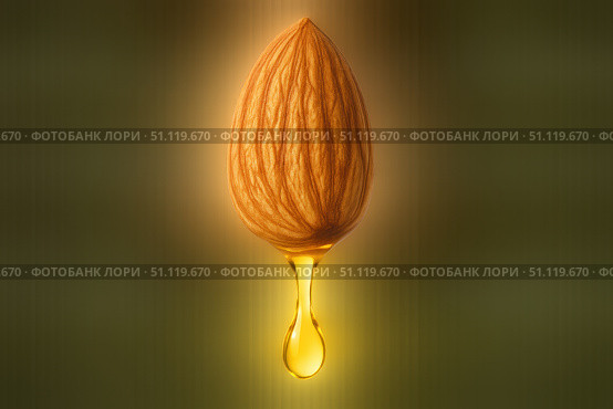 Almond nut with dripping oil on a white background. An ideal natural product for healthy nutrition and skin care, full of vitamins and beneficial properties. Стоковое AI-изображение, AI-художник Светлана  Громак / Фотобанк Лори