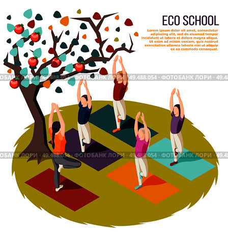Alternative learning isometric composition eco school with yoga classes at outdoor vector illustration. Стоковая иллюстрация, агентство Ingram Publishing / Фотобанк Лори
