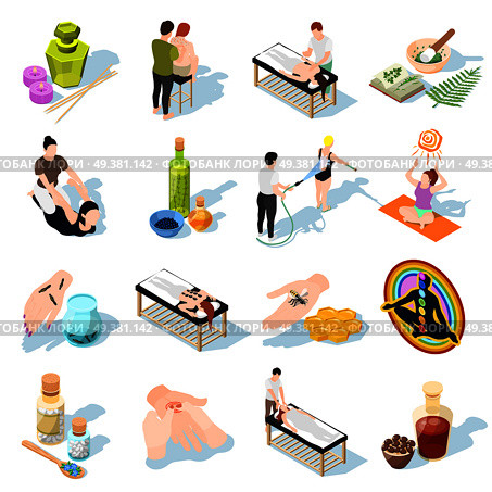 Alternative medicine isometric icons set of patients and accessories for aromatherapy apitherapy yoga phytotherapy hydrotherapy leeches healing vector illustration  . Alternative Medicine Isometric Icons. Стоковая иллюстрация, агентство Ingram Publishing / Фотобанк Лори