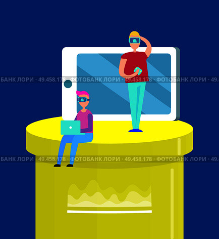 Alternative reality colorful vector illustration of two men on yellow pillar with waving infographic, abstract interactive app, big smartphone icon. Alternative Reality Colorful Vector Illustration. Стоковая иллюстрация, агентство Ingram Publishing / Фотобанк Лори