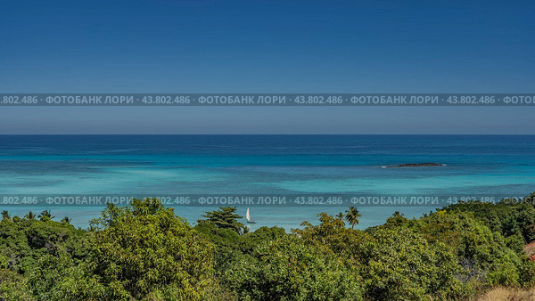 Amazing seascape. A sailboat, a tiny island, is visible in the boundless turquoise-aquamarine ocean. Lush tropical green vegetation in the foreground. Clear blue sky. Copy space. Madagascar. Стоковое фото, фотограф Вера Ивановна Кубарева / Фотобанк Лори