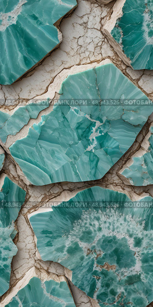 Amazonite mineral stone displays mesmerizing turquoise textures and unique formations, textured with cracks and veining reflecting natures artistry Generative AI. Стоковое AI-изображение, AI-художник Юлия Петровская / Фотобанк Лори