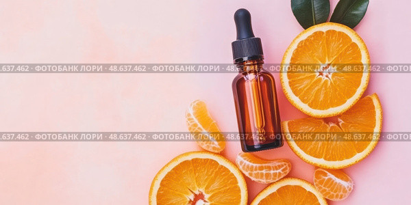 Amber dropper bottle next to orange slices. Citrus essential oil. Natural vitamin C serum and face cream, skin care products. Cosmetic and fresh fruit, bright trendy layout. Antioxidant Extract plant. Стоковое AI-изображение, AI-художник Марина Демидюк / Фотобанк Лори
