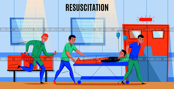 Ambulance paramedics crew rushing injured patient to hospital emergency department   resuscitation area flat composition vector illustration. Стоковая иллюстрация, агентство Ingram Publishing / Фотобанк Лори