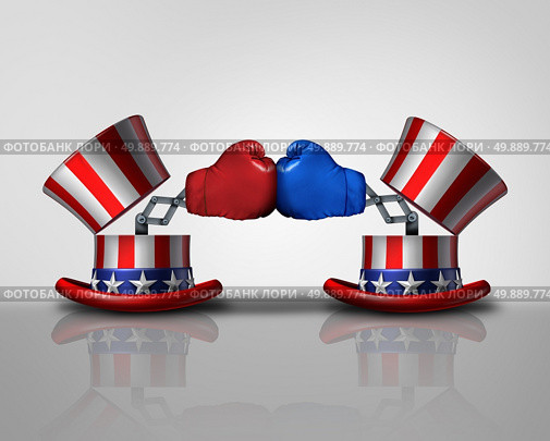 American election fight and political violence concept for campaigning for votes as an open uncle Sam top hat decorated with the flag of the United States and a surprise boxing glove fighting an opponent from the left and right. Стоковое фото, агентство Ingram Publishing / Фотобанк Лори
