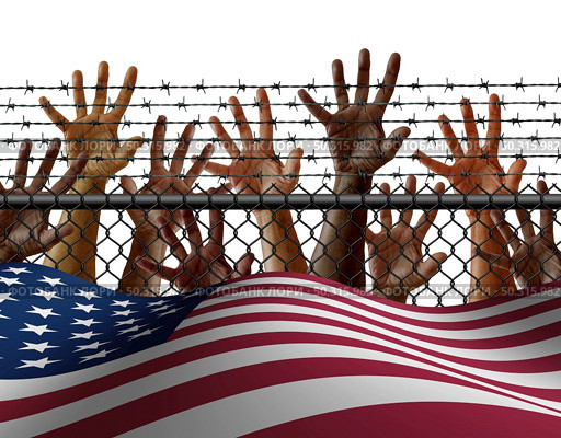 American immigration and United States refugee crisis concept as immigrant people on a border wall with a US flag as a social issue about refugees or illegal immigrants with 3D illustration elements. Стоковое фото, агентство Ingram Publishing / Фотобанк Лори