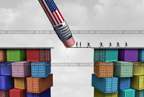 American trade sanctions and economic obstruction or trade war as an American pencil erasing a business link to imports as a protectionism symbol as a 3D illustration. Стоковое фото, агентство Ingram Publishing / Фотобанк Лори