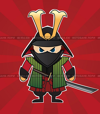amurai cartoon illustration on red sunburst background. Стоковая иллюстрация, агентство Ingram Publishing / Фотобанк Лори