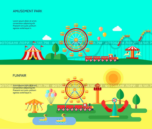 Amusement Park 2 Flat Horizontal Banners . Amusement funfair park park attractions 2 flat horizontal banners with traveling circus tent abstract isolated vector illustration. Стоковая иллюстрация, агентство Ingram Publishing / Фотобанк Лори