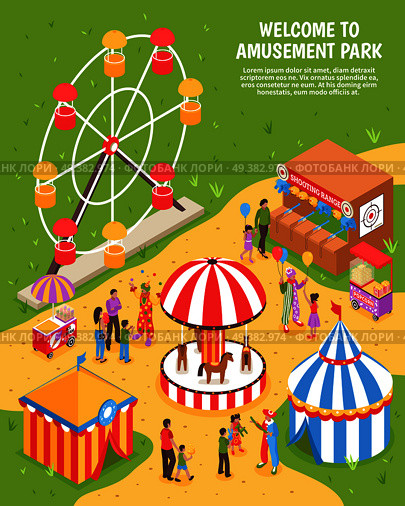 Amusement park isometric poster with carousel ferris wheel shooting range clowns meeting visitors 3d vector illustration . Amusement Park Isometric Poster . Стоковая иллюстрация, агентство Ingram Publishing / Фотобанк Лори
