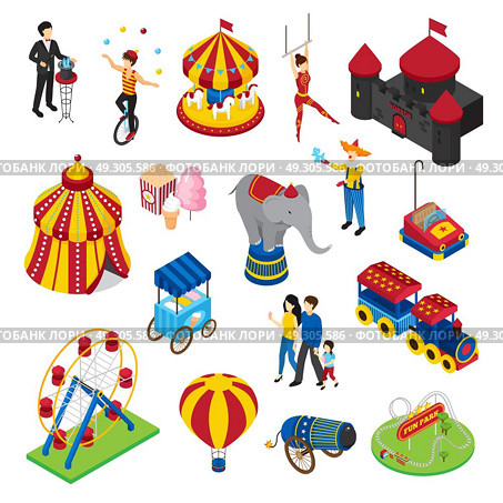 Amusement Park Isometric Set. Amusement park isometric set with circus artists, attractions, horror house, street food, balloon, visitors isolated vector illustration. Стоковая иллюстрация, агентство Ingram Publishing / Фотобанк Лори