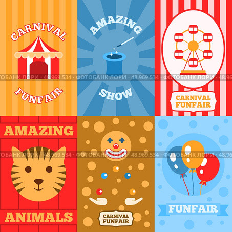 Amusement park mini poster set with carnival funfair amazing show animals isolated vector illustration. Стоковая иллюстрация, агентство Ingram Publishing / Фотобанк Лори