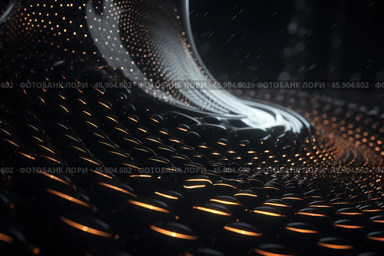 An abstract futuristic object with a wave-like surface covered with many shiny black spherical elements. Bright orange light lines are visible between the spheres, creating a sense of depth and dynamics. The surface bends, forming smooth lines and creating the effect of movement. The lighting emphasizes the glossy texture of the spheres and light accents, which gives the image an atmosphere of high technology and minimalism. The background is darkened, which enhances the contrast between the object and the surrounding spac. Стоковое AI-изображение, AI-художник Анна Кривицкая / Фотобанк Лори