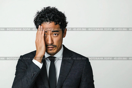 An adult young Asian man suffers from a sudden headache on a white background. Стоковое AI-изображение, AI-художник Ярославский Максим / Фотобанк Лори