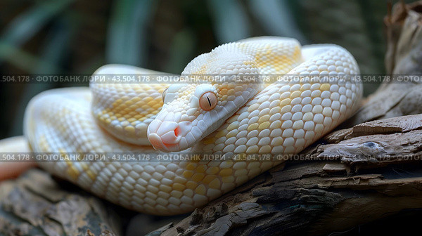 An albino snake with yellow eyes lies curled up on a tree. Стоковое AI-изображение, AI-художник Anastacia Gaikova / Фотобанк Лори