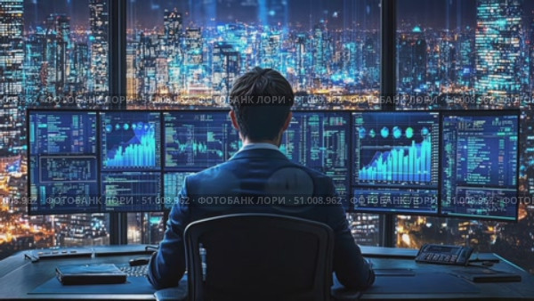 An analyst views multiple screens displaying stock market data while overlooking a sparkling city skyline at night. Стоковое AI-видео, аниматор Данила Большаков / Фотобанк Лори