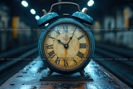 An antique mechanical alarm clock with a turquoise metal case stands on the wet surface of a railway platform or tracks. The dial is decorated with Roman numerals and traces of time - rust, cracks and abrasions. The background is blurred, with soft blue lighting and a hint of a tunnel, creating an atmosphere of mystery, anticipation and nostalgia. The image is filled with the contrast between old and modern, time and movement. Suitable for the concepts of time, anticipation, travel, philosophy and retro style. Стоковое AI-изображение, AI-художник Анна Кривицкая / Фотобанк Лори