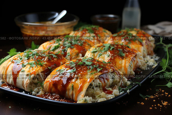 An appetizing dish consisting of several servings of baked rolls, generously sprinkled with dark sauce and garnished with fresh herbs. The dish is placed on a dark background, which emphasizes its bright and rich colors. A dish of sauce and a bottle of drink can be seen in the background, adding context and a sense of completeness to the composition. Overall, the photo makes you want to try this tasty and aromatic dish. Стоковое AI-изображение, AI-художник Анна Кривицкая / Фотобанк Лори