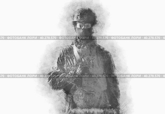 An armed soldier in military uniform holds a rifle in his hands on a white background, one, drawing. Стоковое фото, фотограф Владимир Арсентьев / Фотобанк Лори