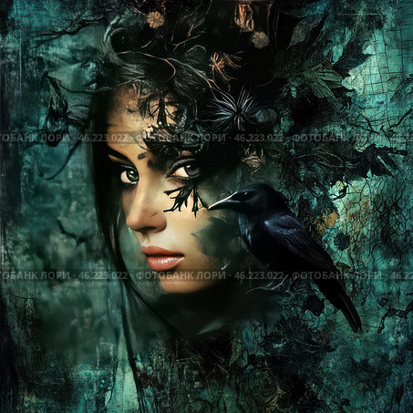 An artistic illustration depicting a woman with dark hair surrounded by green leaves and flowers that partially merge with her face. The composition also features a black crow sitting next to her. The entire background is done in dark, gloomy tones with elements of nature that create an atmosphere of mysticism and magic. The image looks like a combination of fantasy and mystical styles, where the woman and nature intertwine, creating a mysterious and enigmatic image. Стоковое AI-изображение, AI-художник Анна Кривицкая / Фотобанк Лори