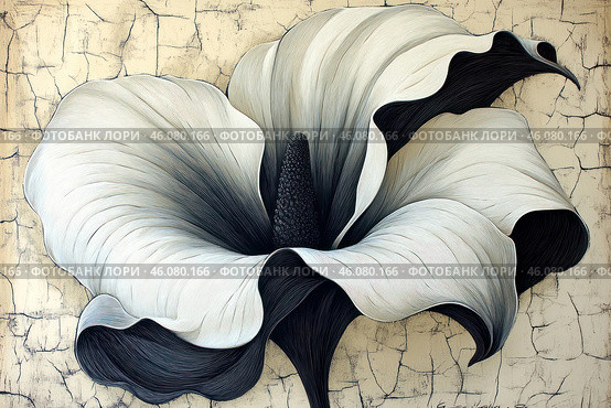 An artistic illustration of a large flower in monochrome shades, made in the style of hyperrealism or graphic painting. The petals of the flower curve smoothly, creating a sense of movement and depth. Their texture is detailed with fine lines, which gives the drawing elegance and expressiveness. The center of the flower stands out due to the dark cone, and the background with a cracked surface adds an antique effect and contrast. Стоковое AI-изображение, AI-художник Анна Кривицкая / Фотобанк Лори