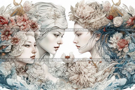 An artistic illustration of three girls, executed in an exquisite style reminiscent of digital watercolor or engraving. All three girls are surrounded by luxurious flowers, their hair intertwined with petals and foliage. The palette is delicate, with shades of white, beige, pink and blue predominating. The composition is symmetrical, dreamy and poetic, with an emphasis on natural beauty, femininity and mysticism. Стоковое AI-изображение, AI-художник Анна Кривицкая / Фотобанк Лори