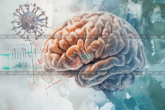 An artistic rendering of the brain that appears as a biological structure with elements of scientific and abstract aesthetics. The brain is depicted with a texture reminiscent of disease or injury, which may symbolize neurological diseases, viral infections, or the impact of external factors on cognitive functions.A virus-like structure hovers next to the brain, reminiscent of a particle of a coronavirus or other pathogen, which may reflect the impact of infectious diseases on the nervous system. In the left corner, there are graphs, medical data, and tests, emphasizing the scientific theme of the image. The background is done in muted blue-blue tones with accents of orange and red, creating a sense of sterility and a medical environment.The image can be interpreted as a metaphor for modern medical progress, neuroscience, or the human fight against viral threats. Стоковое AI-изображение, AI-художник Анна Кривицкая / Фотобанк Лори