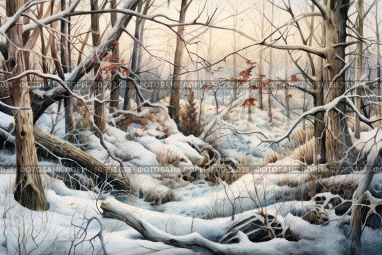 An atmospheric winter forest scene, done in watercolor or pastel. Leafless trees are covered with frost, fluffy snow lies on the ground, roots and stones are visible in places. Branches bend, as if frozen in motion, and in places, tufts of dry grass and reddish-brown leaves stick out among the snowy landscape, still clinging to the branches. The warm light of dawn or sunset creates a soft, meditative mood. Стоковое AI-изображение, AI-художник Анна Кривицкая / Фотобанк Лори