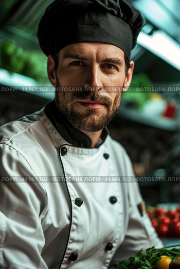 An attractive male chef, showcasing his culinary mastery and charisma. Редакционное AI-изображение, AI-художник Veniamin Kraskov / Фотобанк Лори