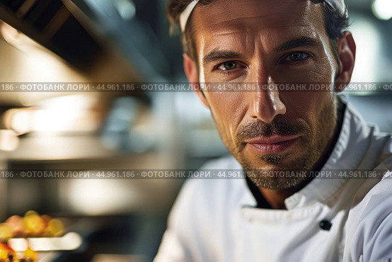 An attractive male chef, showcasing his culinary mastery and charisma. Редакционное AI-изображение, AI-художник Veniamin Kraskov / Фотобанк Лори