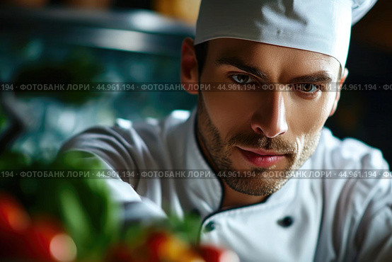 An attractive male chef, showcasing his culinary mastery and charisma. Редакционное AI-изображение, AI-художник Veniamin Kraskov / Фотобанк Лори