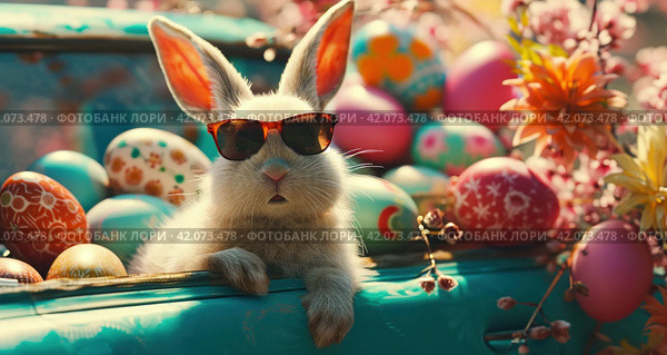 an Easter bunny wearing sunglasses is crammed into a car carrying easter eggs. Стоковое AI-изображение, AI-художник Юлия Гапеенко / Фотобанк Лори